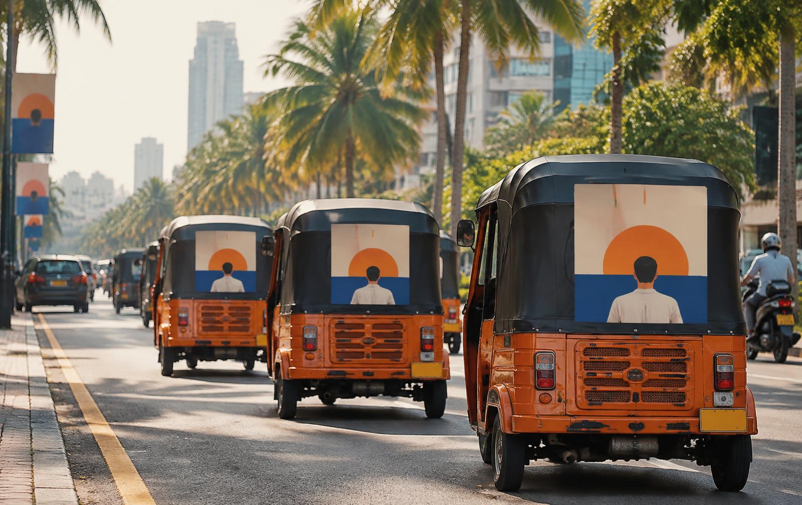 Illustrative mockup of branded three-wheelers on a Colombo road